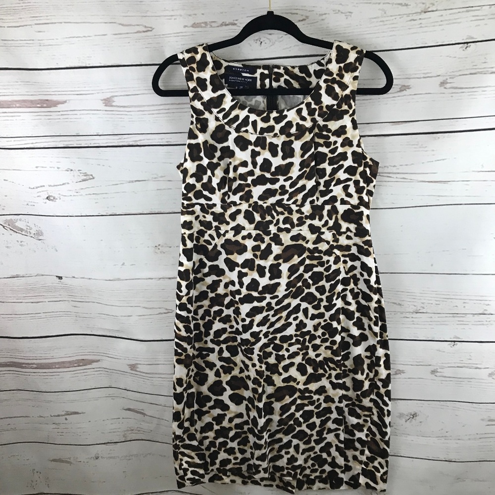 JONES NEW YORK White Tan Stretch Cat Print Career Business Sheath Dress